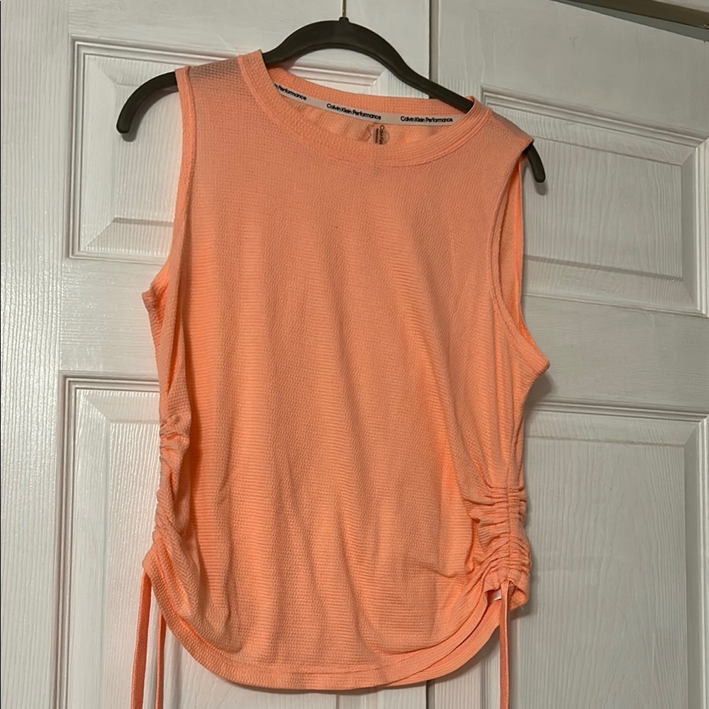 Calvin Klein Performance Orange Ruched Tie Front Muscle Tee